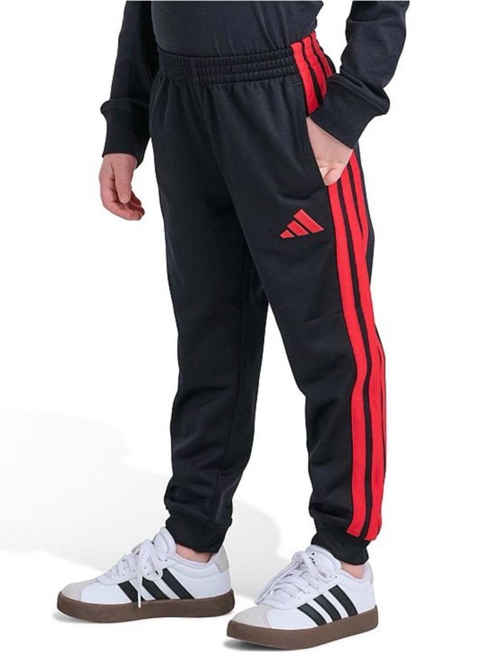Adidas Boys Elastic Waistband Red 3-Stripe Tricot Jogger Pants Black Size 7-8Y